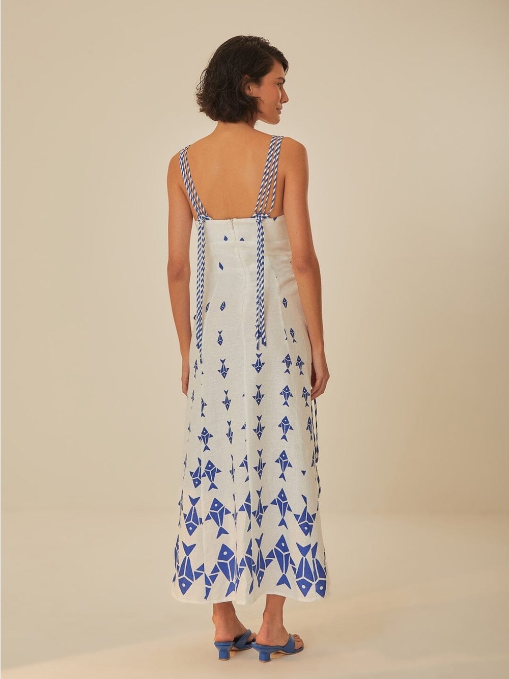 FARM Rio Off White Graphic fishes Maxi Dress with Blue Geometric Print - Picture 2 of 5